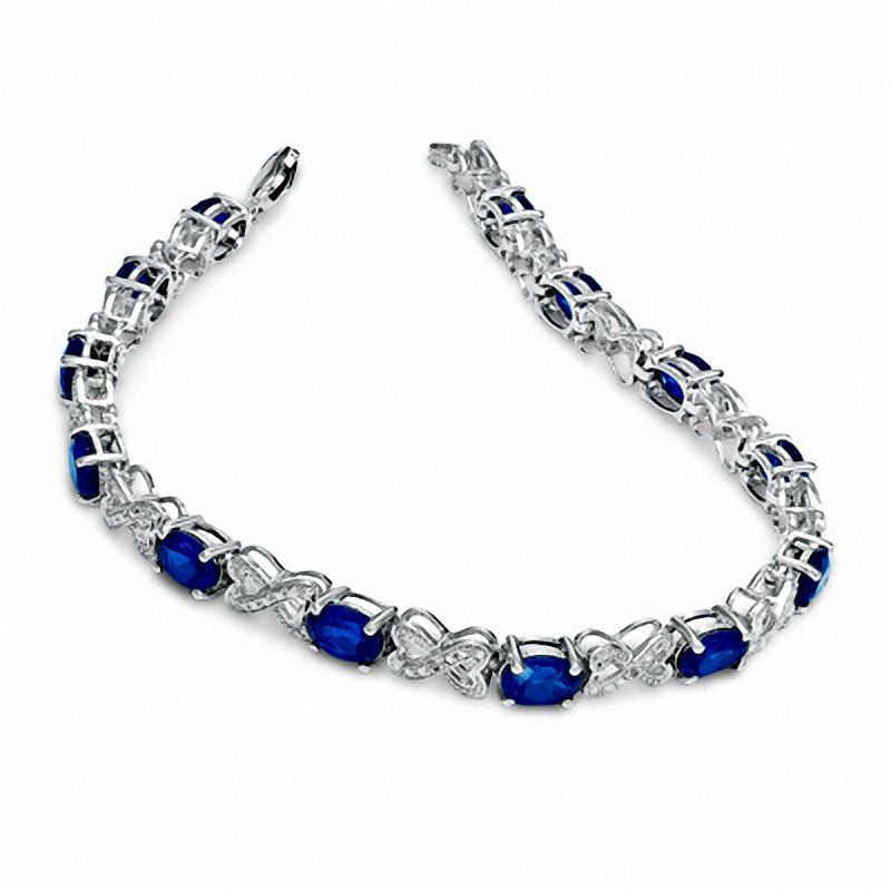 Main Image 2 of Oval Lab-Created Blue Sapphire and Diamond Bracelet in Sterling Silver - 7.25"