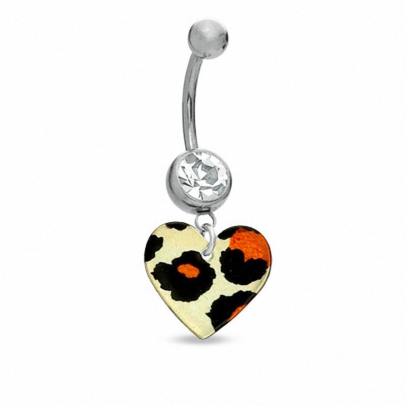 Main Image 1 of 014 Gauge Leopard Print Heart Dangle Belly Button Ring with Crystal in Stainless Steel - 7/16"