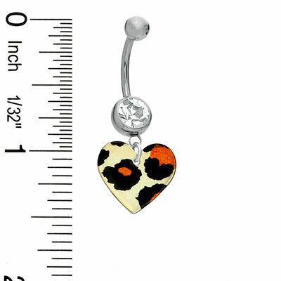 014 Gauge Leopard Print Heart Dangle Belly Button Ring with Crystal in Stainless Steel - 7/16"