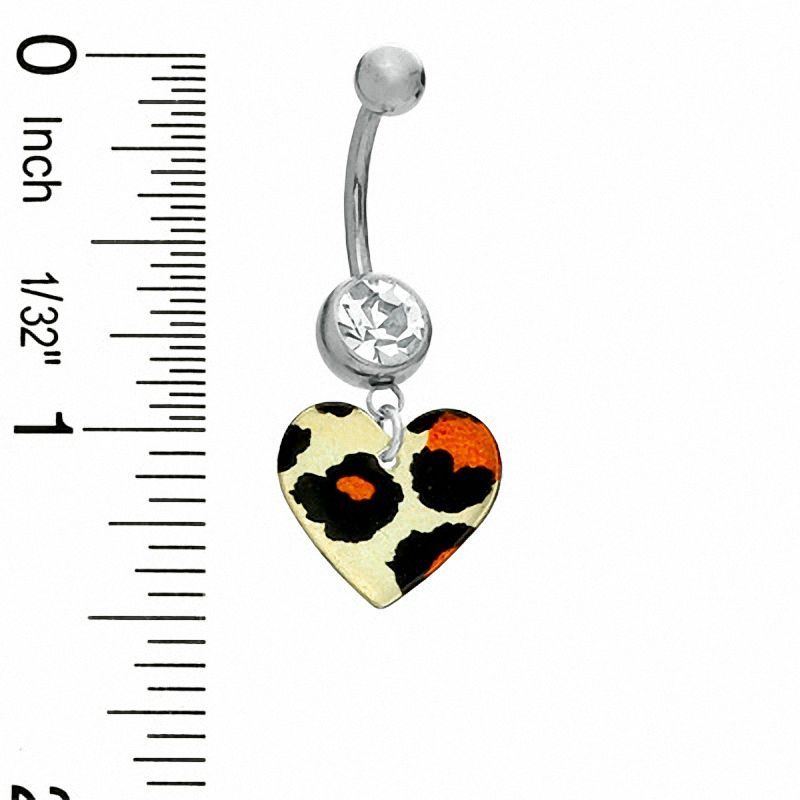 Main Image 2 of 014 Gauge Leopard Print Heart Dangle Belly Button Ring with Crystal in Stainless Steel - 7/16"