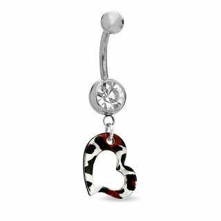 014 Gauge Animal Print Open Heart Dangle Belly Button Ring with Crystal in Stainless Steel - 7/16"