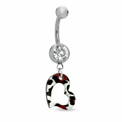 014 Gauge Animal Print Open Heart Dangle Belly Button Ring with Crystal in Stainless Steel - 7/16"