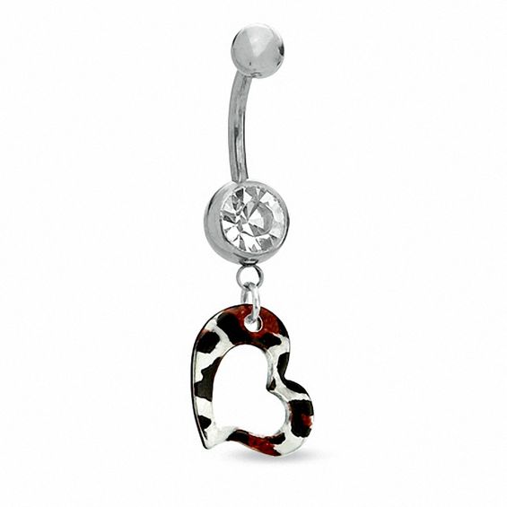 014 Gauge Animal Print Open Heart Dangle Belly Button Ring with Crystal in Stainless Steel - 7/16"