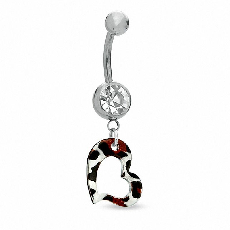 014 Gauge Animal Print Open Heart Dangle Belly Button Ring with Crystal in Stainless Steel - 7/16"