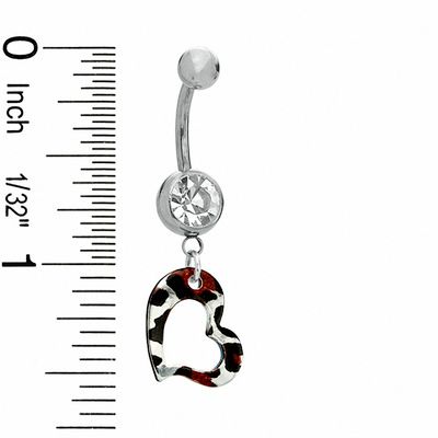 014 Gauge Animal Print Open Heart Dangle Belly Button Ring with Crystal in Stainless Steel - 7/16"