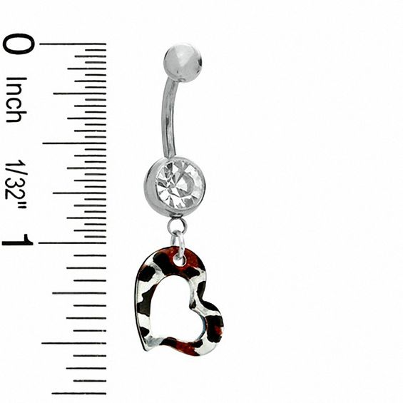 014 Gauge Animal Print Open Heart Dangle Belly Button Ring with Crystal in Stainless Steel - 7/16"