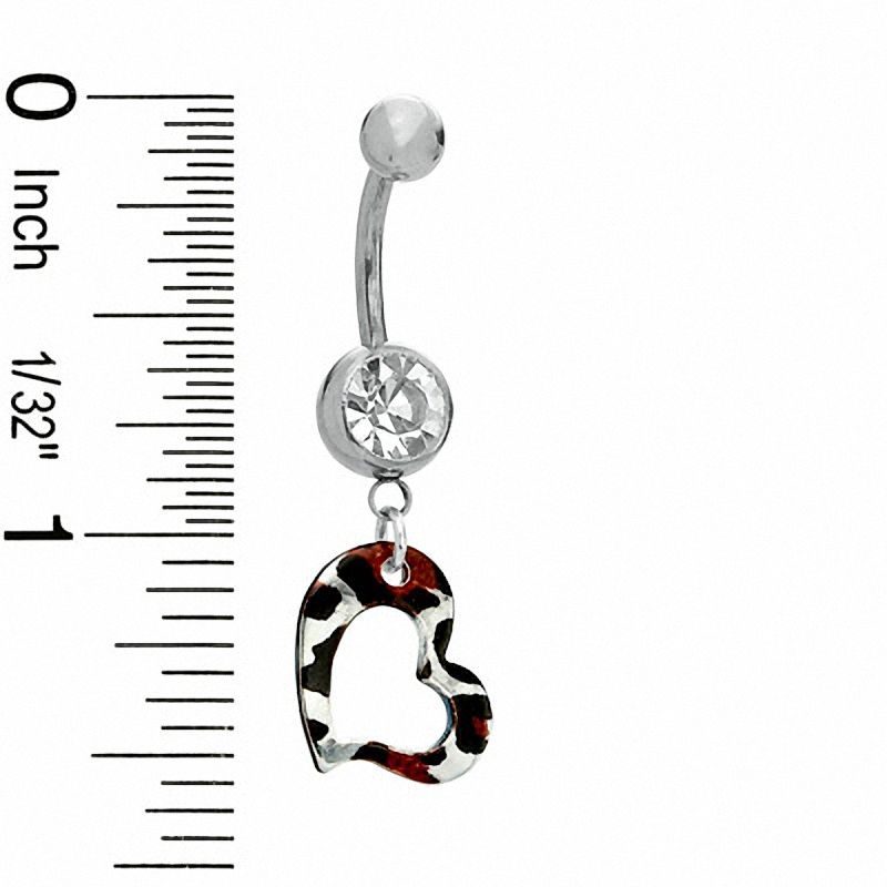 014 Gauge Animal Print Open Heart Dangle Belly Button Ring with Crystal in Stainless Steel - 7/16"
