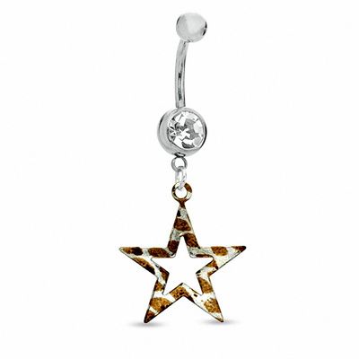 014 Gauge Brown and Gold Print Open Star Belly Button Ring with Crystal in Stainless Steel - 7/16"