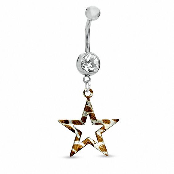 014 Gauge Brown and Gold Print Open Star Belly Button Ring with Crystal in Stainless Steel - 7/16"