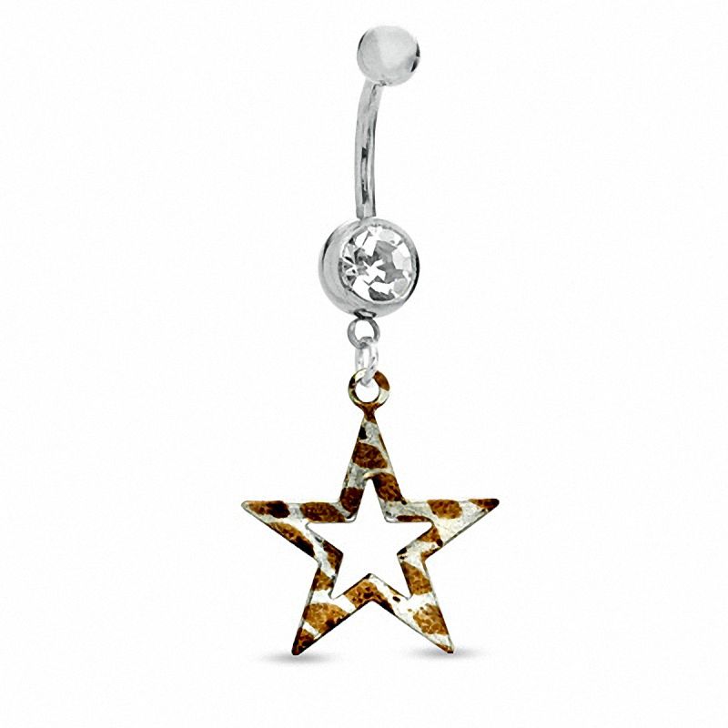 014 Gauge Brown and Gold Print Open Star Belly Button Ring with Crystal in Stainless Steel - 7/16"