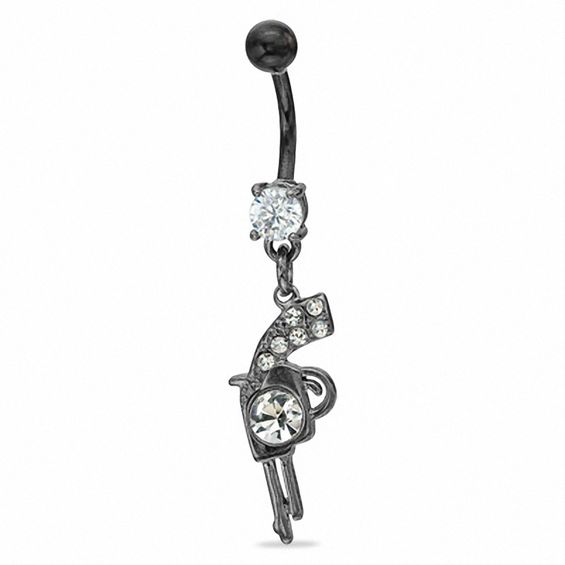 014 Gauge Black Gun Dangle Belly Button Ring with Cubic Zirconia in Stainless Steel
