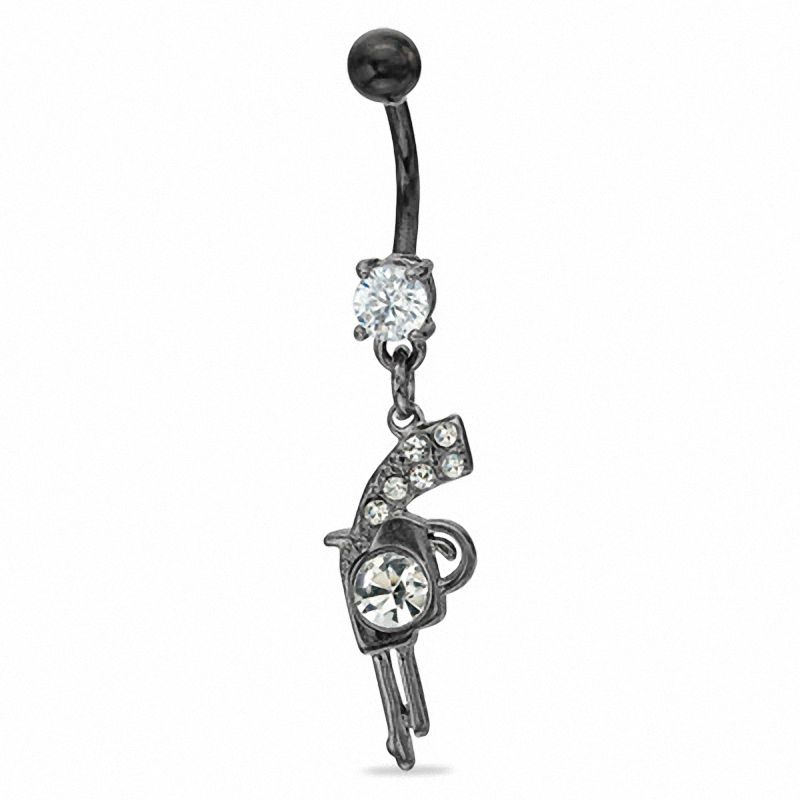 Main Image 1 of 014 Gauge Black Gun Dangle Belly Button Ring with Cubic Zirconia in Stainless Steel
