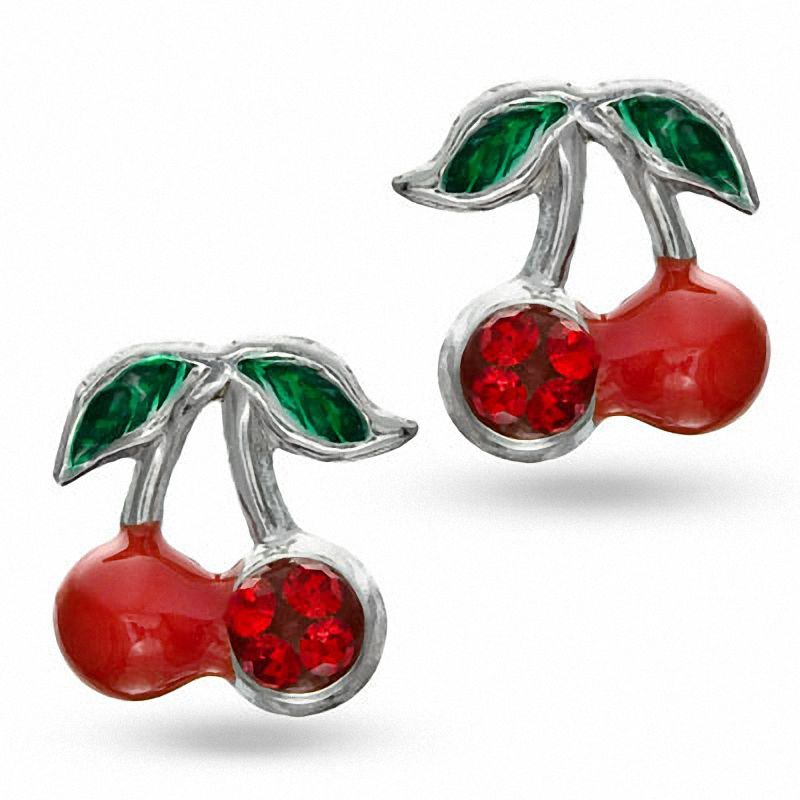 Child's Red Crystal and Red Enamel Cherries Stud Earrings in Sterling Silver
