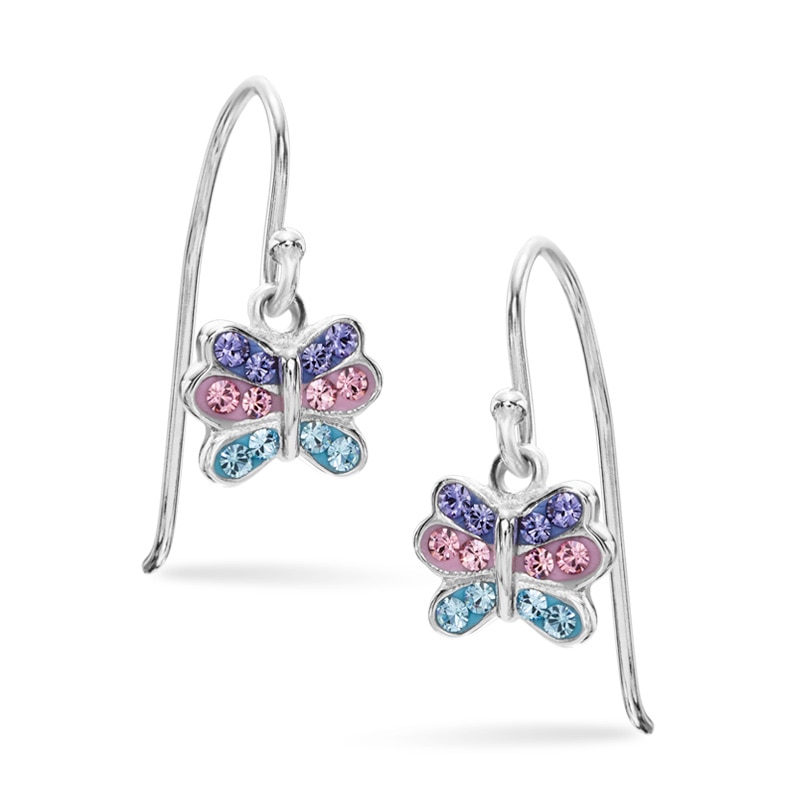 Child's Multi-Color Crystal Butterfly Drop Earrings in Sterling Silver