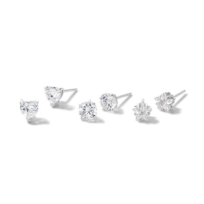 Solid Sterling Silver 5mm Multi-Shape CZ Three Pair Stud Earrings Set
