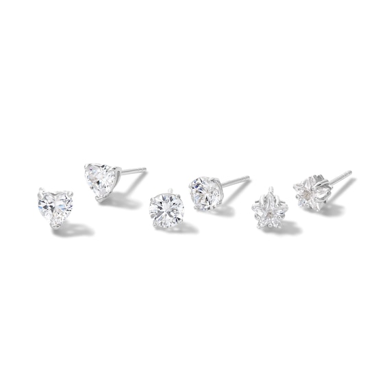 Solid Sterling Silver 5mm Multi-Shape CZ Three Pair Stud Earrings Set