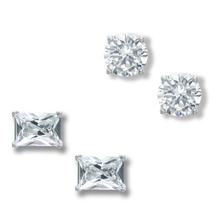 Cubic Zirconia Solitaire Stud Earrings Two Pair Set in Sterling Silver