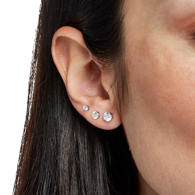 Solid Sterling Silver Graduated CZ Three Pair Stud Earrings Set