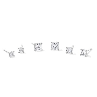 Solid Sterling Silver Graduated Princess-Cut CZ Three Pair Stud Earrings Set