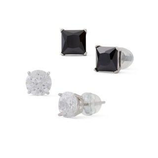 Solid Sterling Silver 7mm Black and White CZ Solitaire Two Pair Studs Set