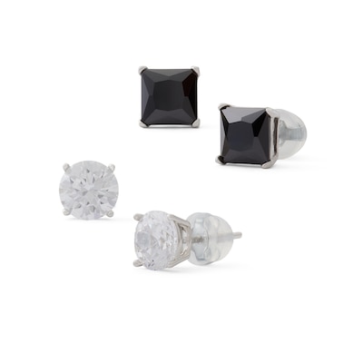 Solid Sterling Silver 7mm Black and White CZ Solitaire Two Pair Studs Set