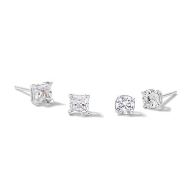 Solid Sterling Silver 4mm Princess and Round CZ Two Pair Stud Earrings Set