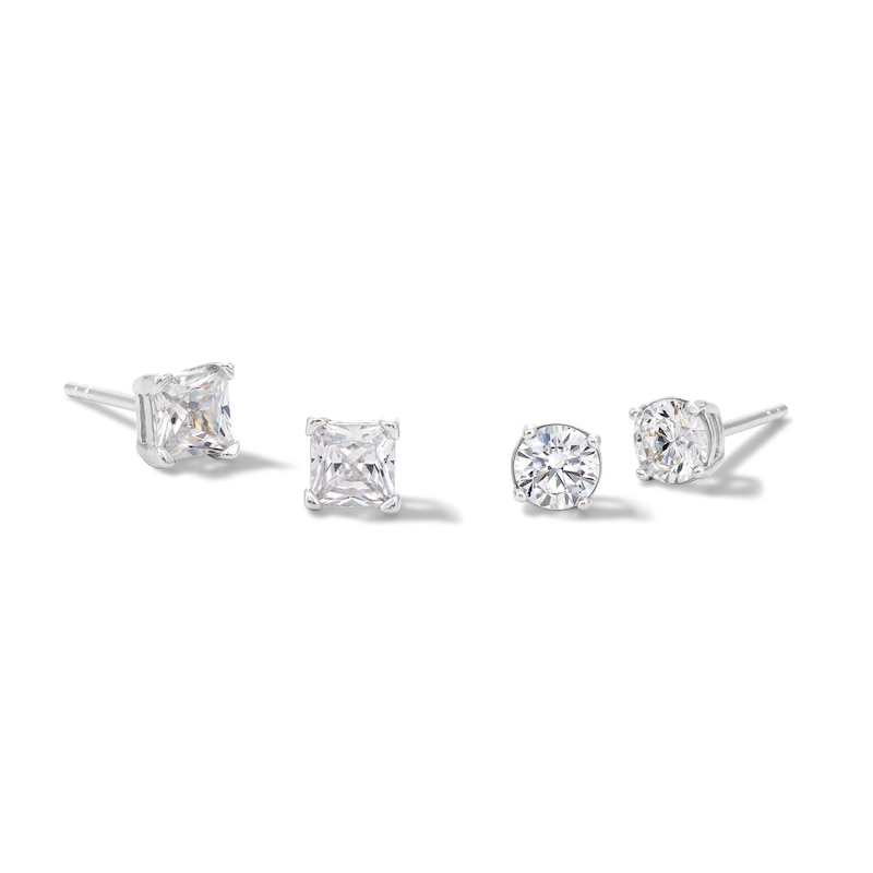Solid Sterling Silver 4mm Princess and Round CZ Two Pair Stud Earrings Set