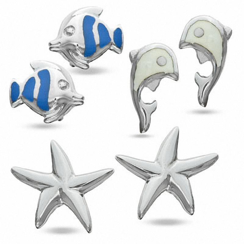 Child's Dolphin, Starfish and Enamel Fish Stud Earrings Set in Sterling Silver