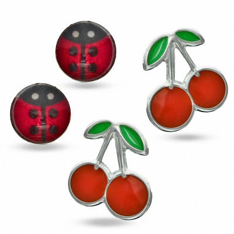 Child's Crystal Ladybug and Cherry Stud Earrings Set in Sterling Silver