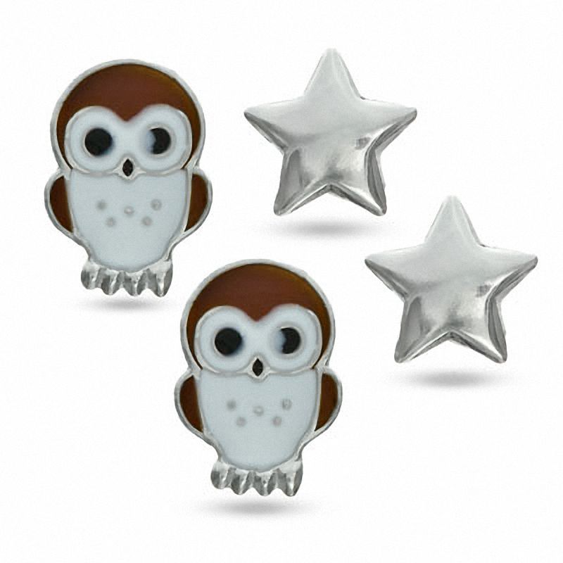 Child's Star and Owl Earrings Set in Sterling Silver with Enamel
