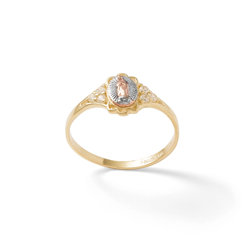 Cubic Zirconia Tri-Side Our Lady of Guadalupe Ring in 10K Tri-Tone Gold - Size 7