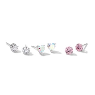 Solid Sterling Silver Multi-Shape and Multi-Color CZ Three Pair Stud Earrings Set