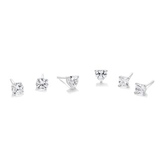 Solid Sterling Silver Multi-Shape CZ Solitaire Three Pair Studs Set