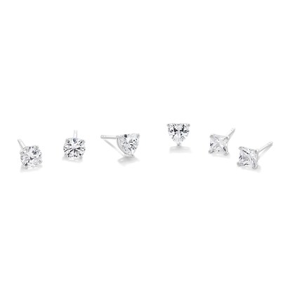 Solid Sterling Silver Multi-Shape CZ Solitaire Three Pair Studs Set