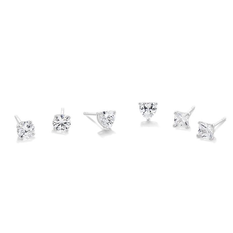 Solid Sterling Silver Multi-Shape CZ Solitaire Three Pair Studs Set