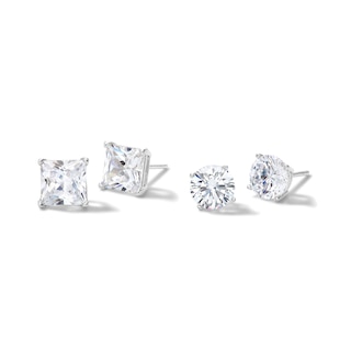 Solid Sterling Silver 7mm Princess and Round CZ Two Pair Earrings Set