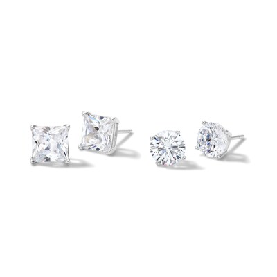 Solid Sterling Silver 7mm Princess and Round CZ Two Pair Earrings Set