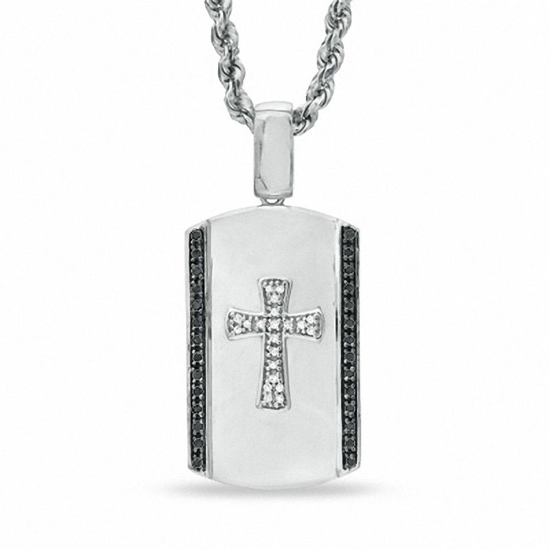 Main Image 1 of 1/4 CT. T.W. Enhanced Black and White Diamond Cross Dog Tag Pendant in Sterling Silver - 22"