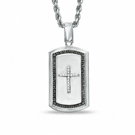 1/5 CT. T.W. Enhanced Black and White Diamond Cross Dog Tag Pendant in Sterling Silver - 22"