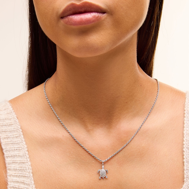 Main Image 2 of Crystal and Textured Turtle Dangle Charm in Sterling Silver