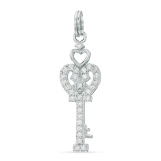 Cubic Zirconia Heart Key Dangle Charm in Sterling Silver