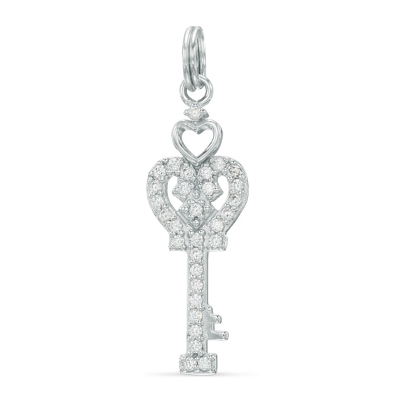 Cubic Zirconia Heart Key Dangle Charm in Sterling Silver