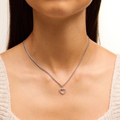 Solid Sterling Silver CZ Heart Outline Dangle Necklace Charm