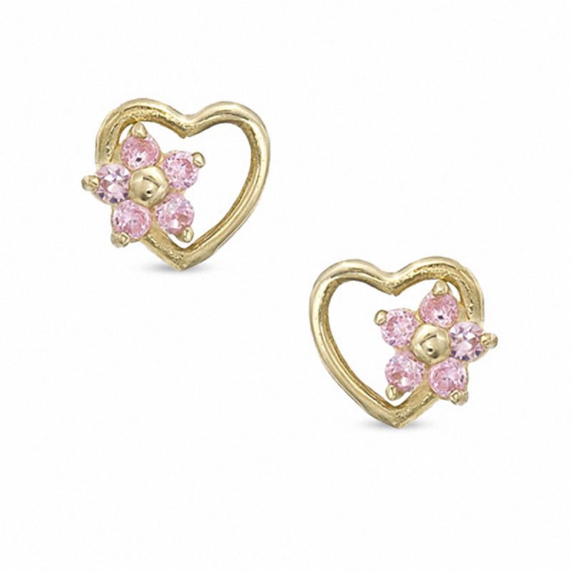 Child's Pink Cubic Zirconia Flower Heart Stud Earrings in 10K Gold