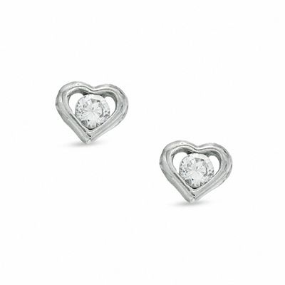 Child's Cubic Zirconia Heart Stud Earrings in 10K White Gold