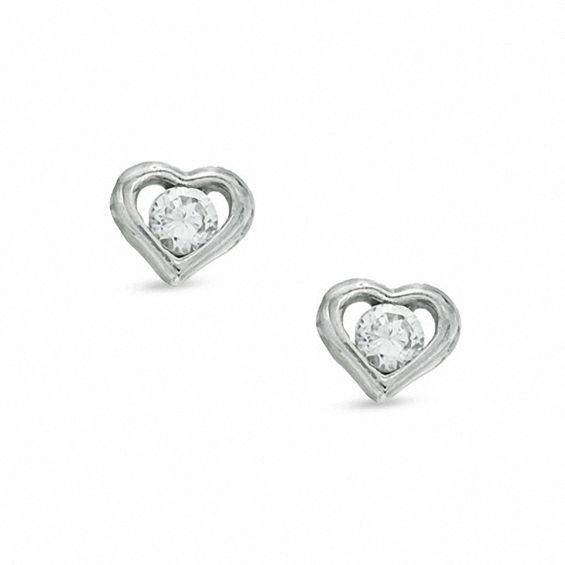 Child's Cubic Zirconia Heart Stud Earrings in 10K White Gold