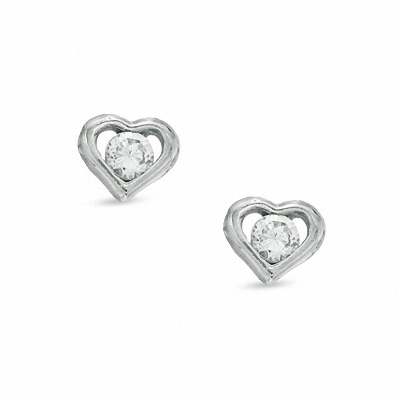 Main Image 1 of Child's Cubic Zirconia Heart Stud Earrings in 10K White Gold