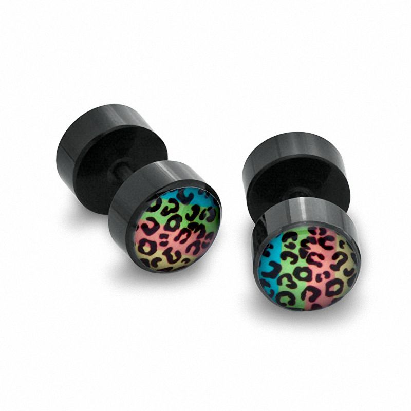 Main Image 1 of Fake 016 Gauge Rainbow Cheetah Acrylic Plugs in Stainless Steel