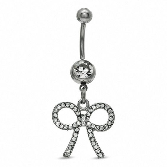 014 Gauge Bow Dangle Belly Button Ring with Cubic Zirconia in Stainless Steel