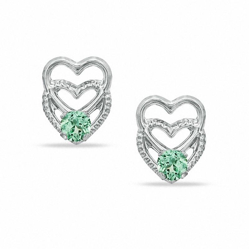 3mm Synthetic Green Sapphire Double Heart Earrings in 10K White Gold